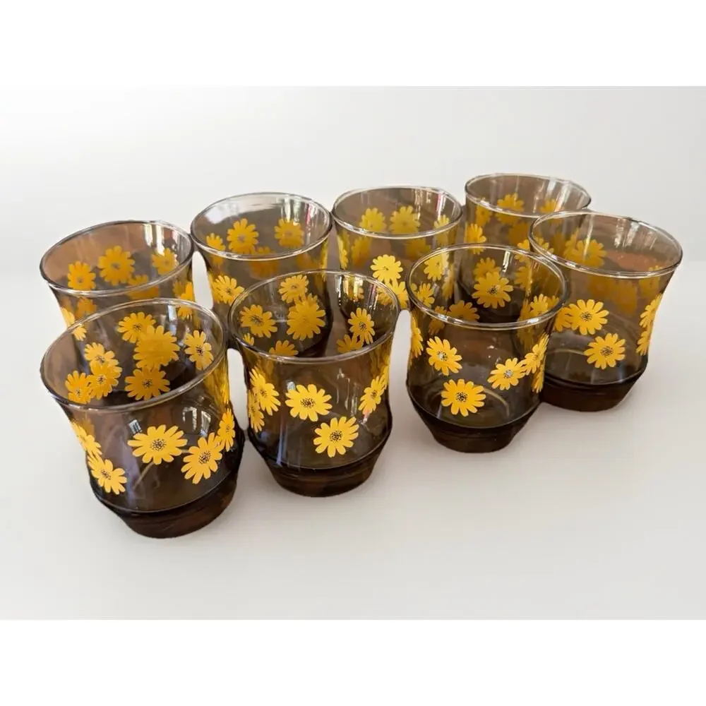 VINTAGE Set Of 8 Libbey Juice Glasses 3” Amber With Yellow Flowers 3545-66